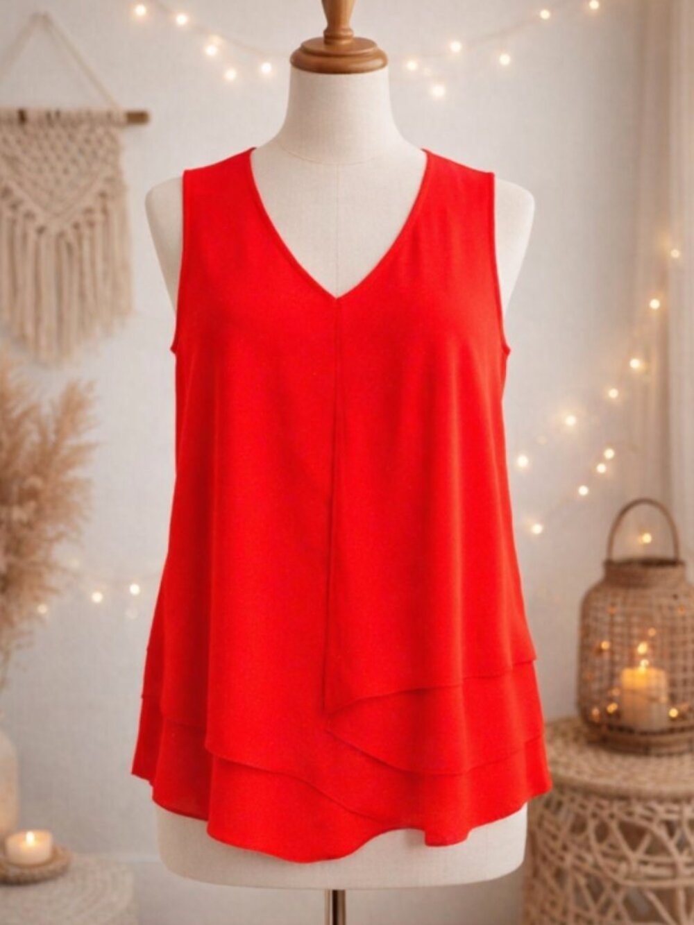 Fylo Red Flowy Layered V‑Neck Top L Modern Classic Elevated Basics Minimalist